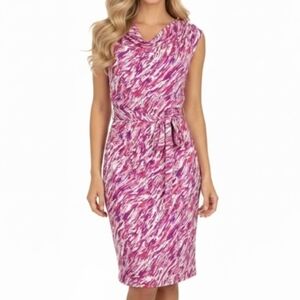 Jones New York Pink Cap Sleeve Dress Womens Size Medium Sheath Tie Belt Cowl